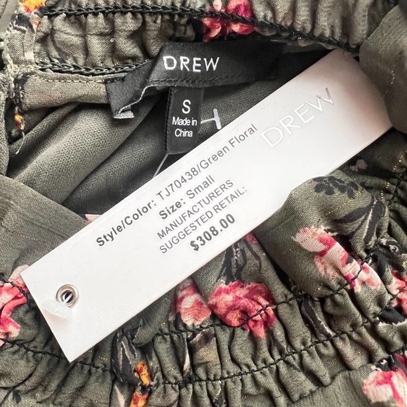 Drew Womens Green Floral Chiffon Dress Small Smocked Ruffle Lined Keyhole NWT - Picture 11 of 12